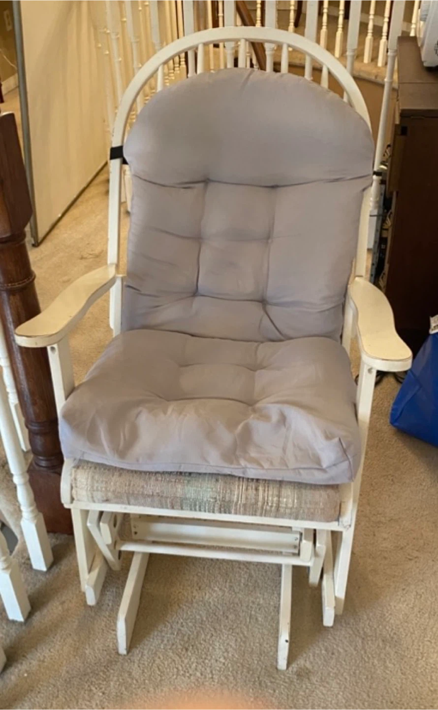 White Glider Rocking Chair with Light Grey Cushions