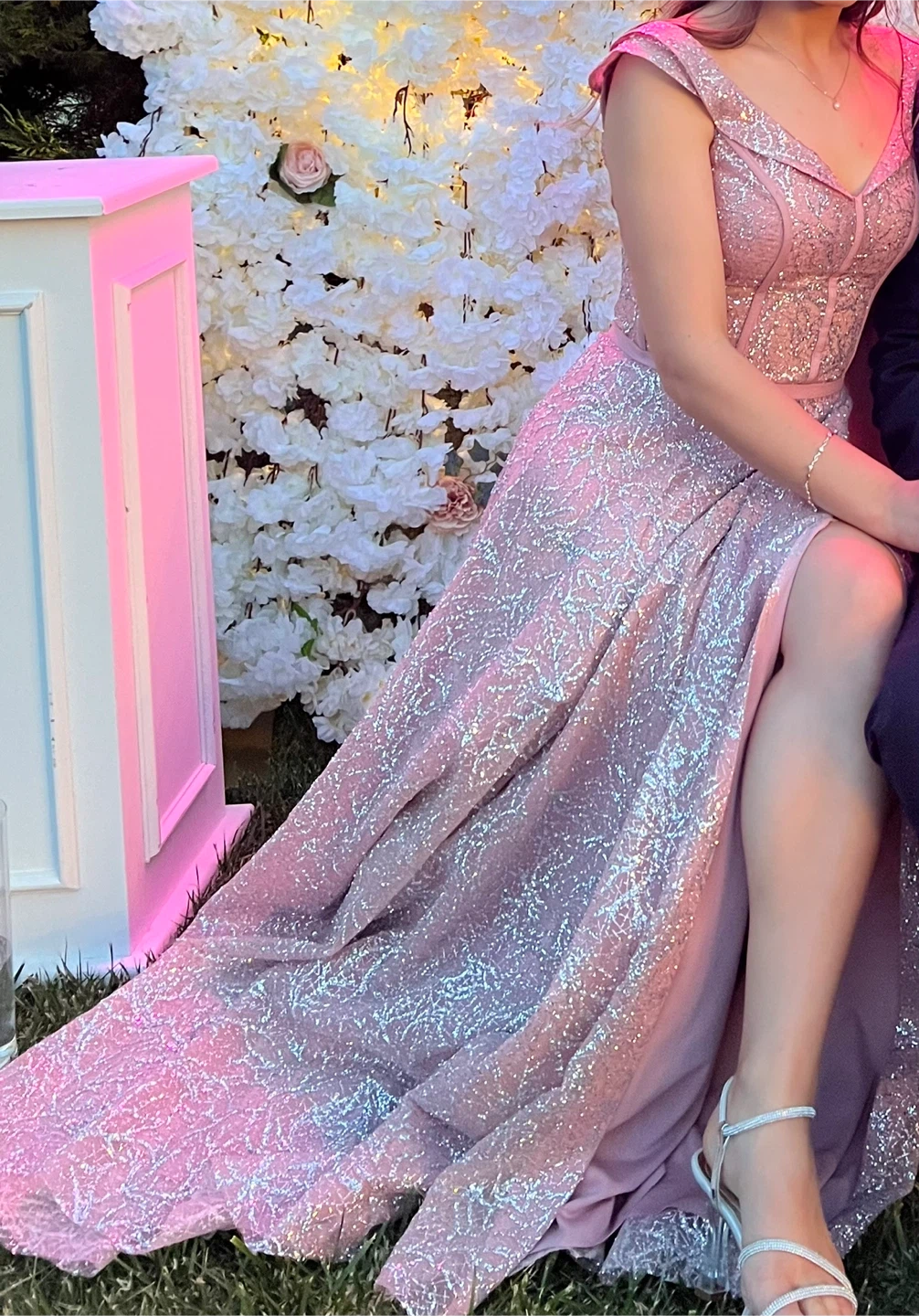 Sparkly Pink Formal Gown with High Slit