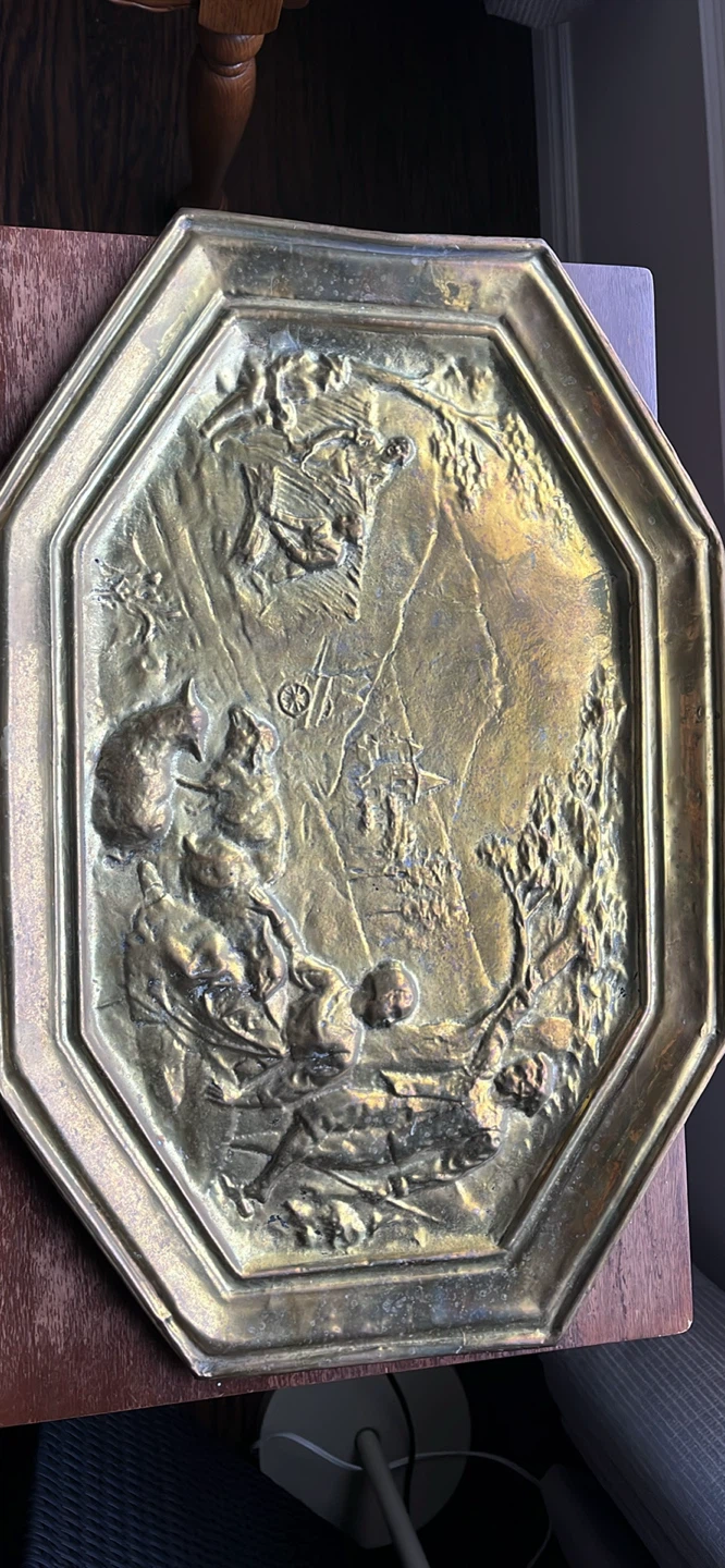 Vintage Ornate Brass Tray with Embossed Scene