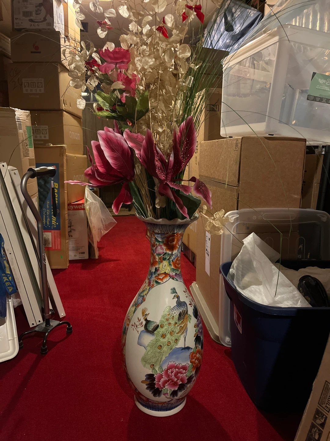 Large Decorative Vase with Peacocks and Flowers