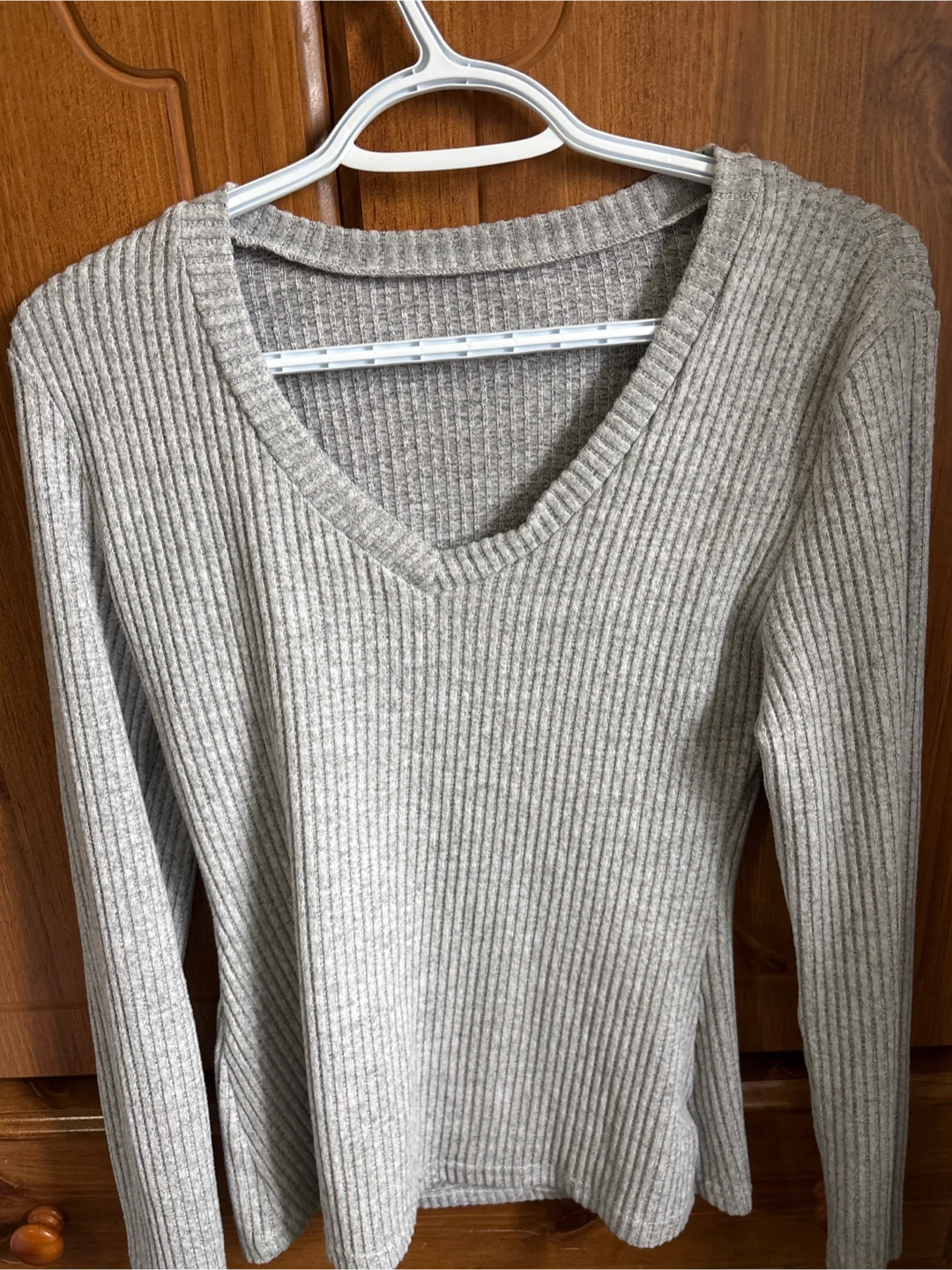 Grey Ribbed V-Neck Sweater