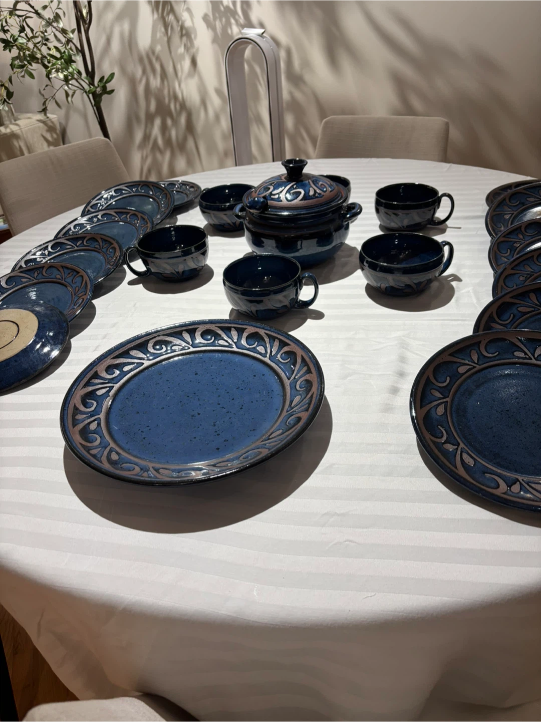 Blue Ceramic Dinnerware Set with Serving Bowl and Ladle