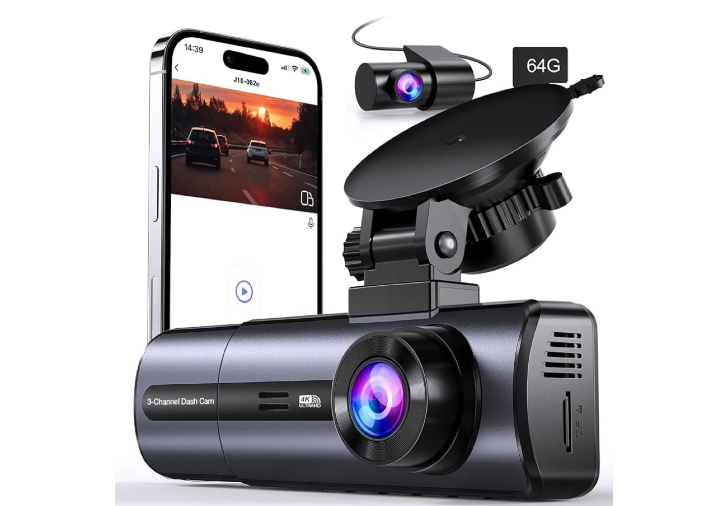 3-Channel Dash Cam with 64GB Card