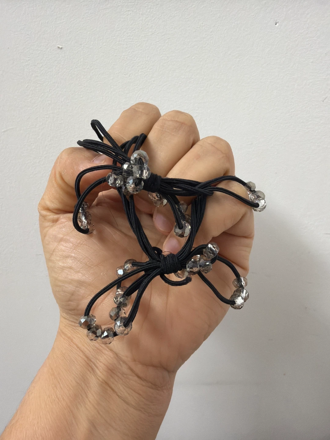 Set of 2 Black Hair Ties with Clear Beads