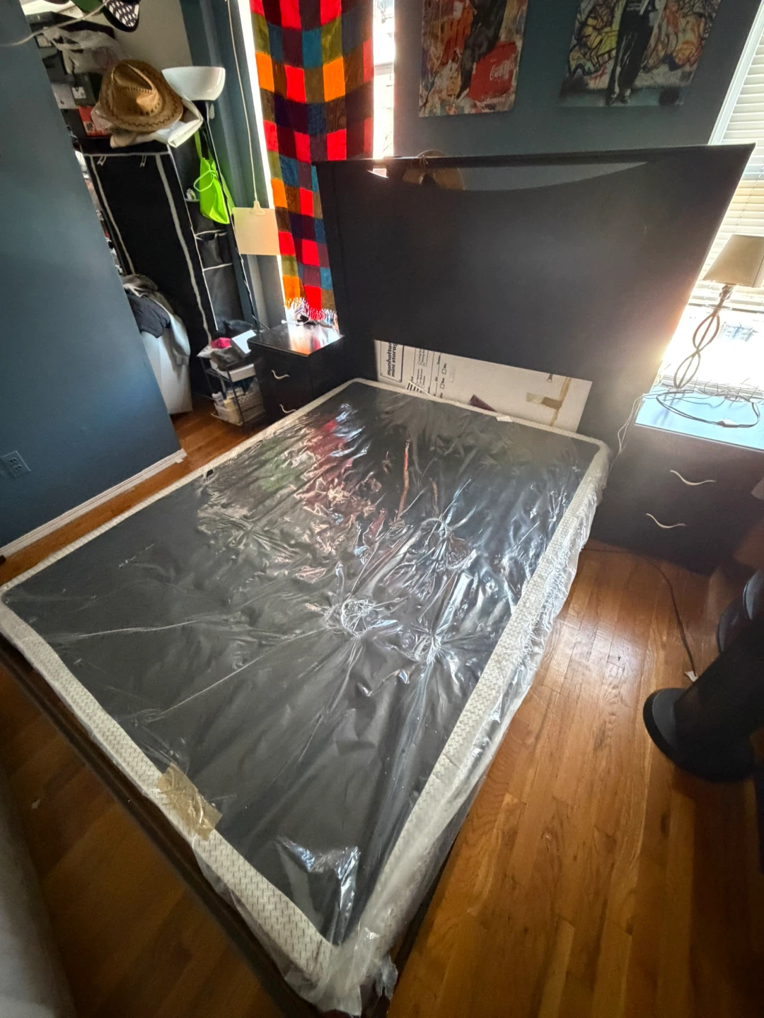 Brown Queen Size Bed Frame with Headboard and Box Spring Set - photo 2