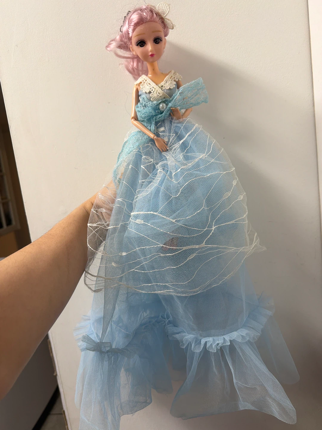 Ball Jointed Doll with Pink Hair and Blue Dress
