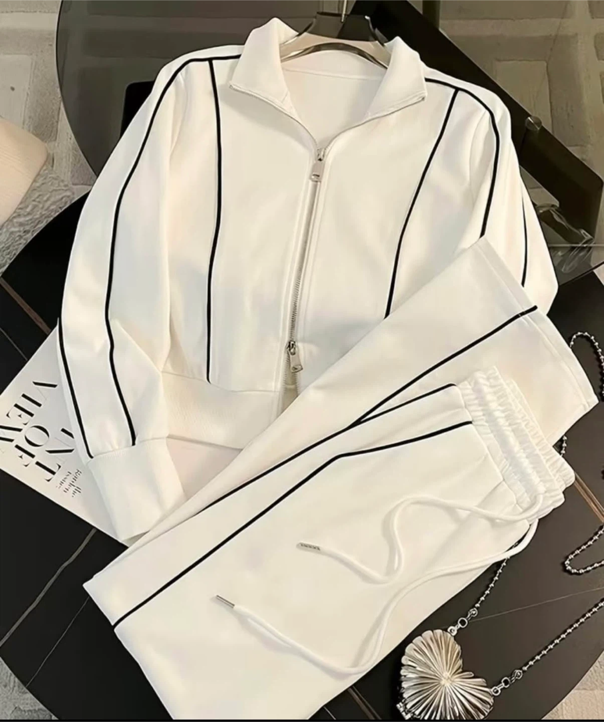 White Tracksuit Set with Black Piping - photo 2