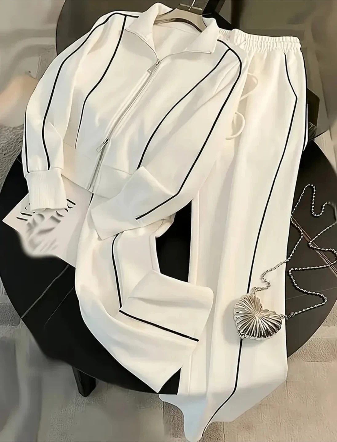 White Tracksuit Set with Black Piping