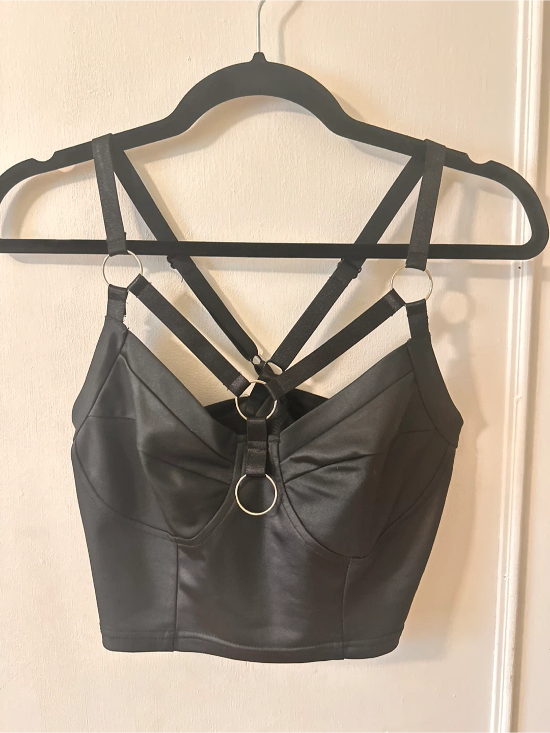 Black Strappy Halter Crop Top with Metal Rings
