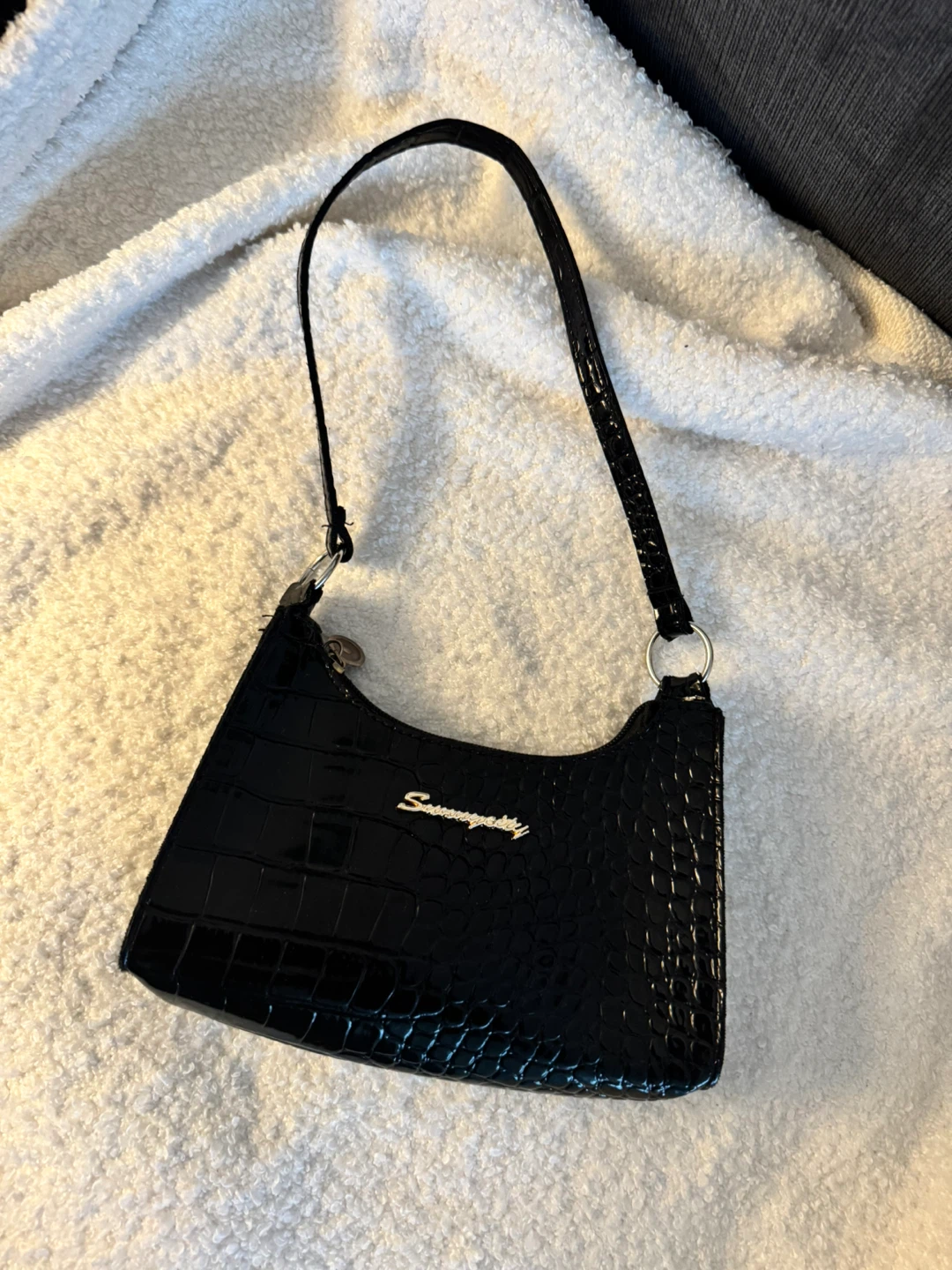 Black Croc-Embossed Shoulder Bag