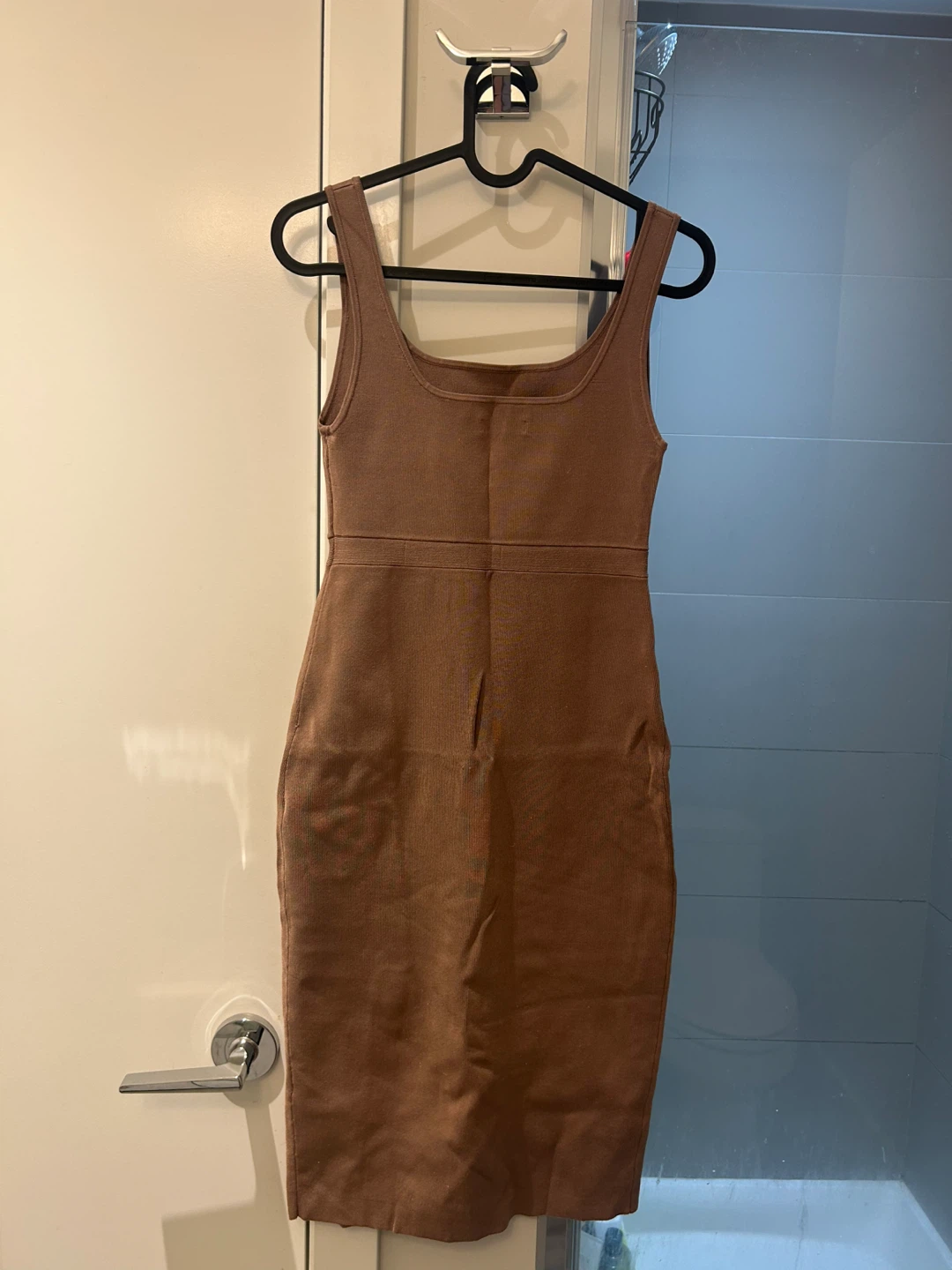 Babaton Brown Ribbed Knit Midi Dress