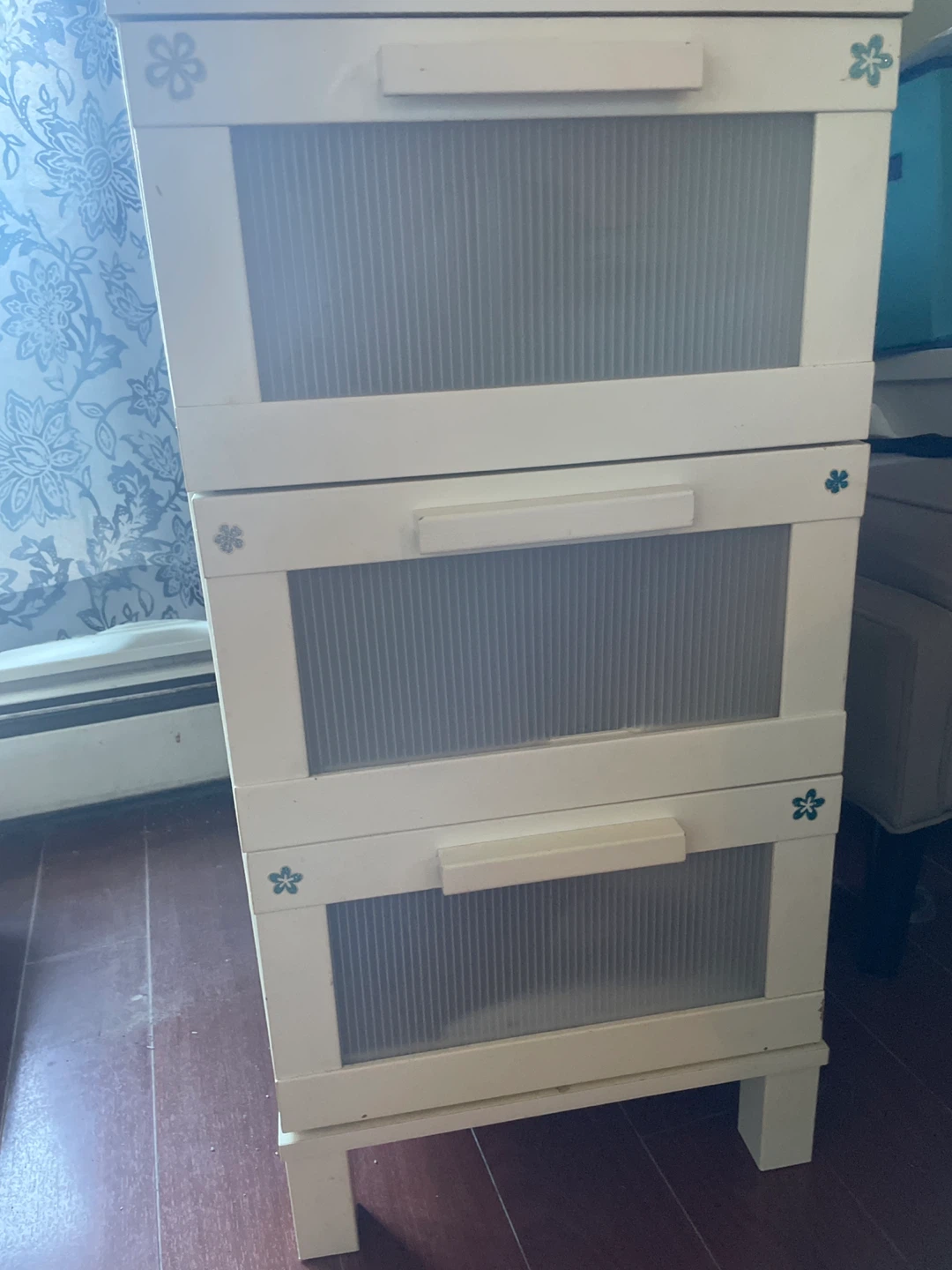 White 3-Drawer Storage Unit with Flower Accents