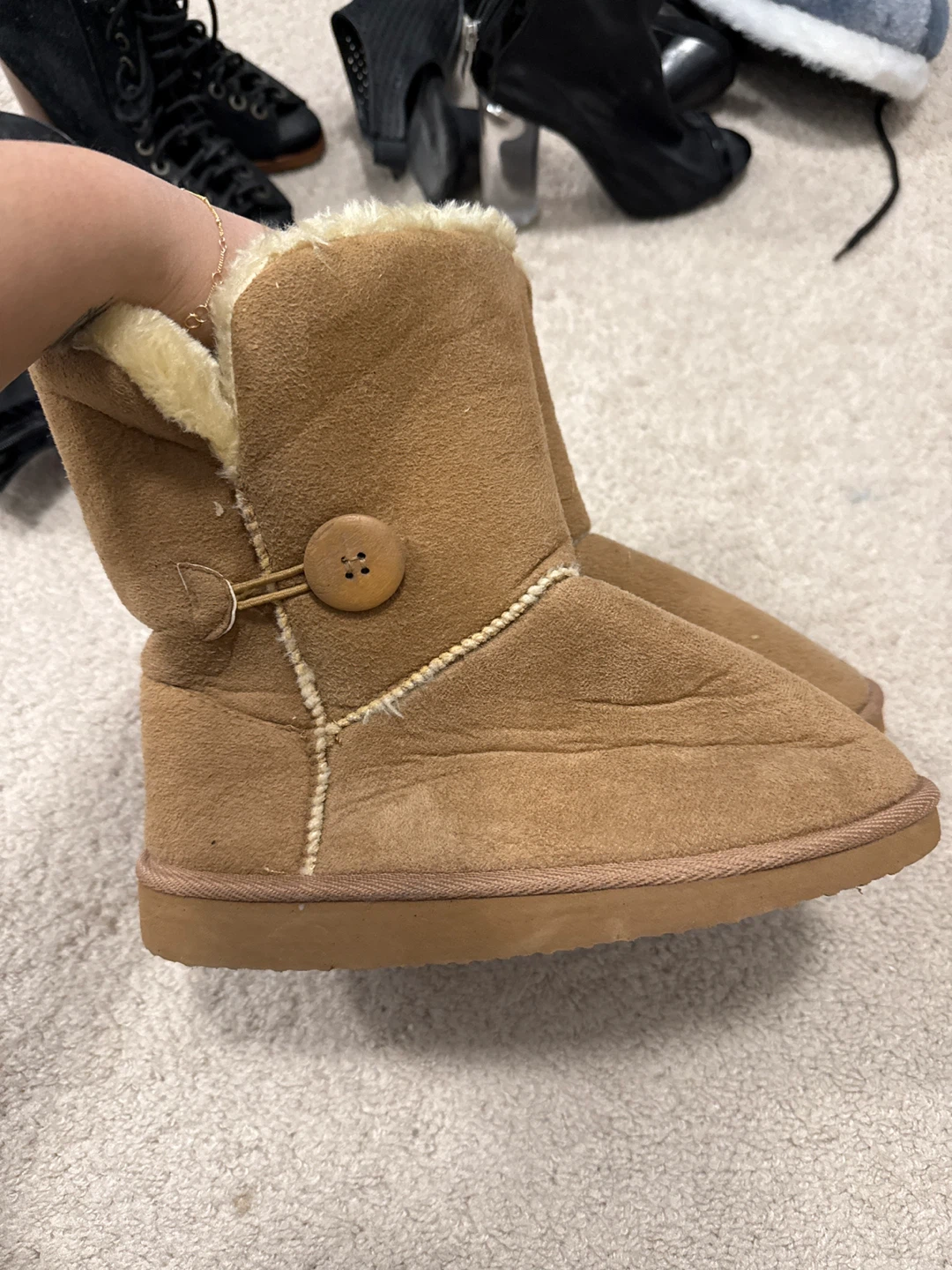 Women's Tan Suede Boots with Button Detail