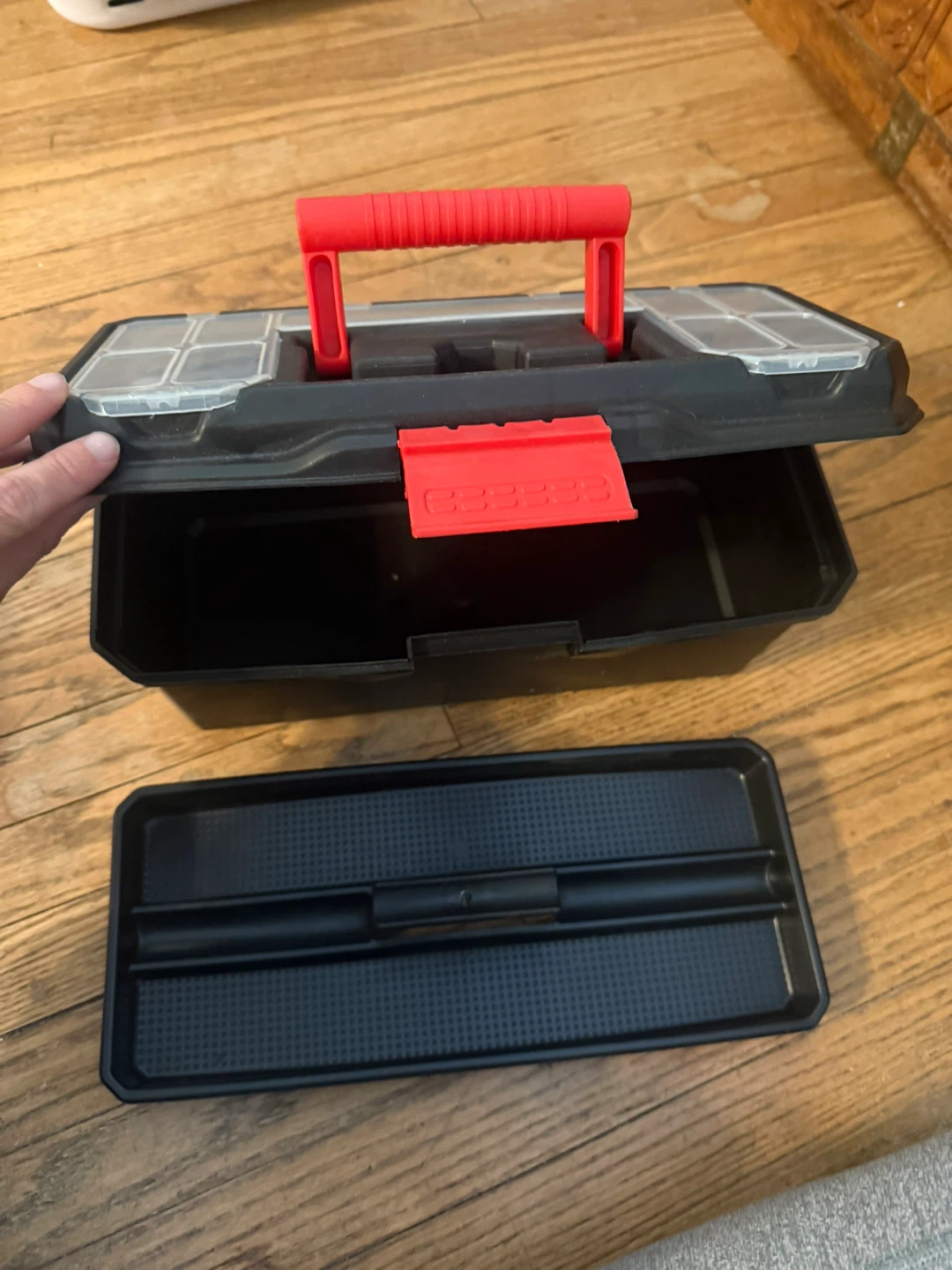 Black Toolbox with Red Handle and Compartments