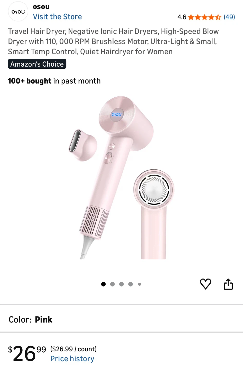 Ousou DO01 Travel Hair Dryer - Pink