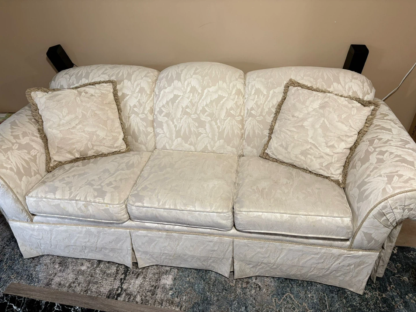Cream Floral Sofa with Throw Pillows