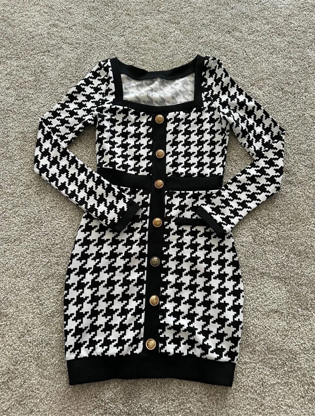 Houndstooth Knit Dress with Gold Buttons