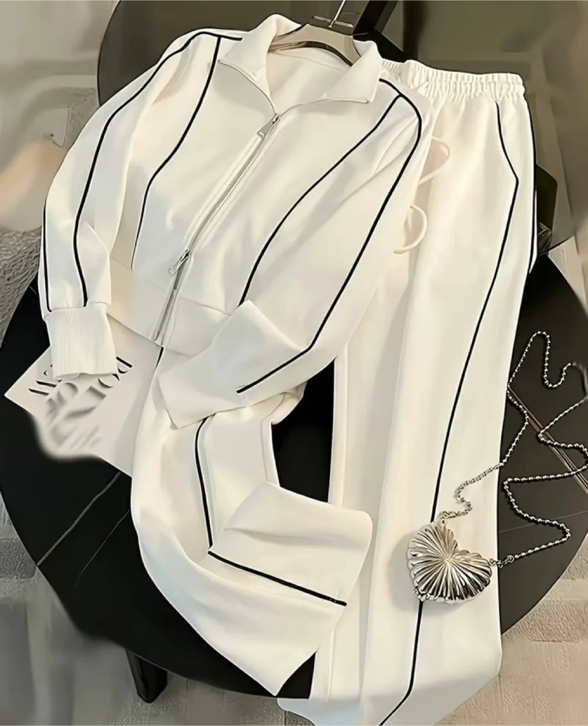 White Tracksuit Set with Black Piping