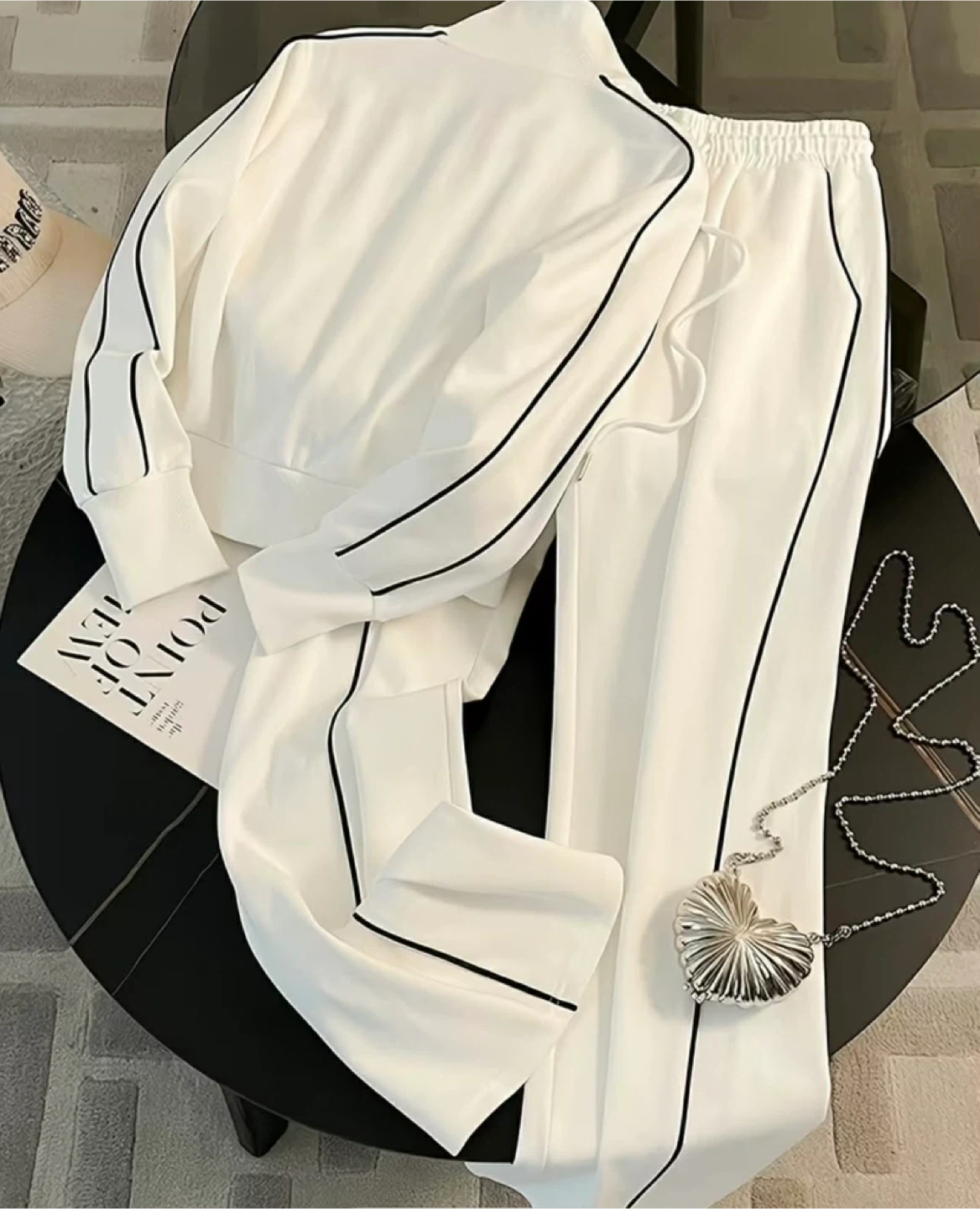 White Tracksuit Set with Black Piping - photo 2