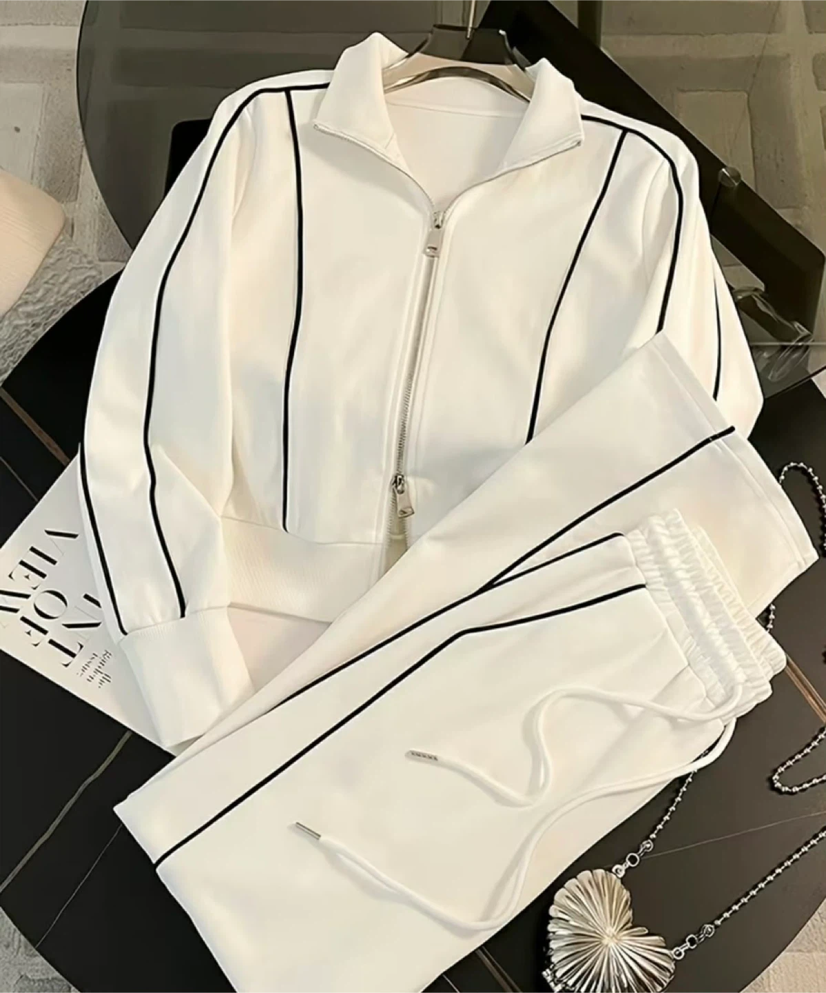 White Tracksuit Set with Black Piping - photo 4