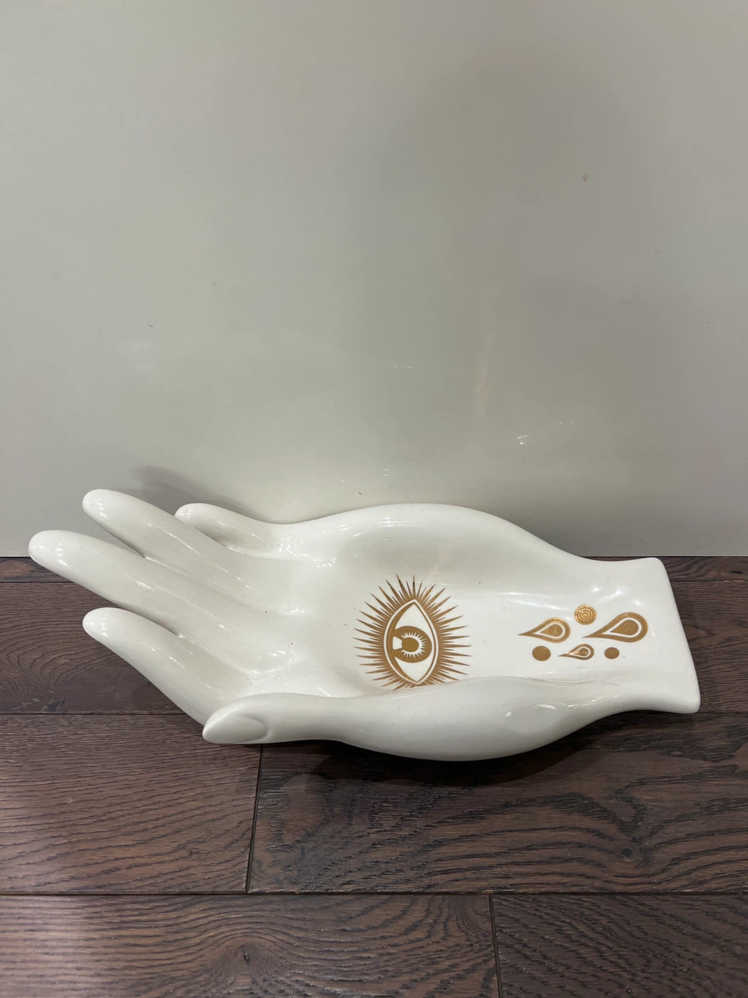 White Ceramic Hand Dish with Gold Eye Design