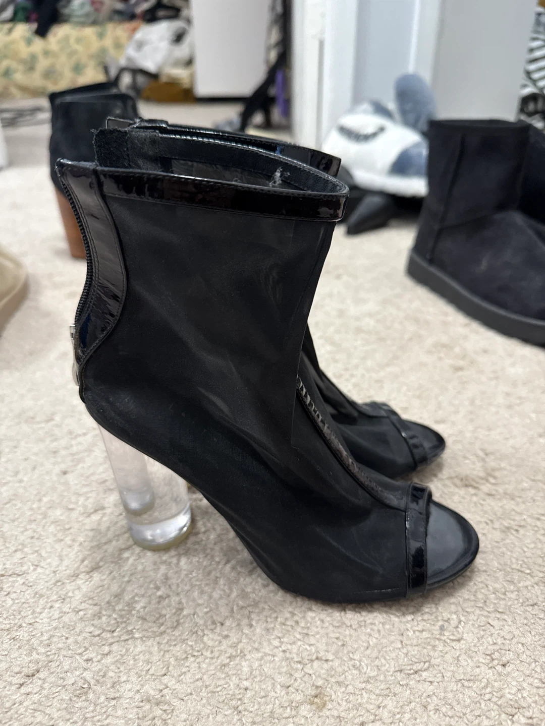 Black Mesh Peep-Toe Heels with Clear Block Heel
