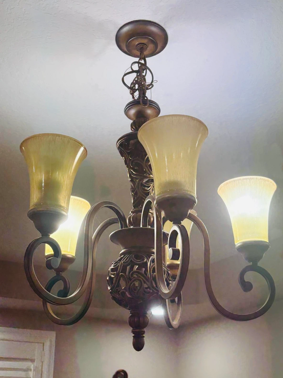 Bronze Chandelier with Amber Glass Shades