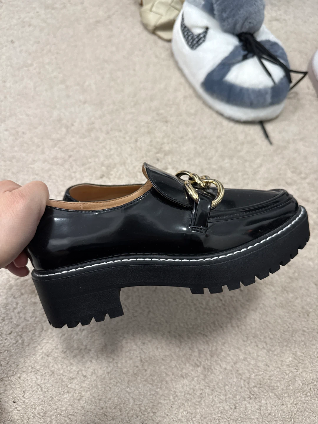 Black Patent Loafers with Gold Chain Detail
