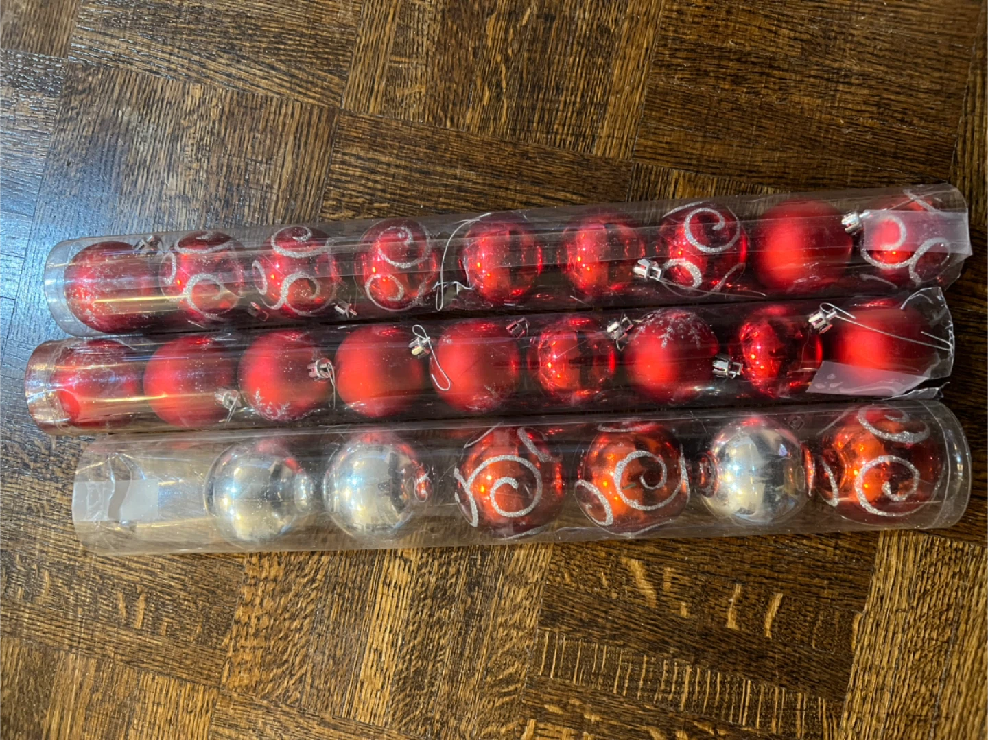 Christmas Ornaments - Red & Silver Swirl Pattern