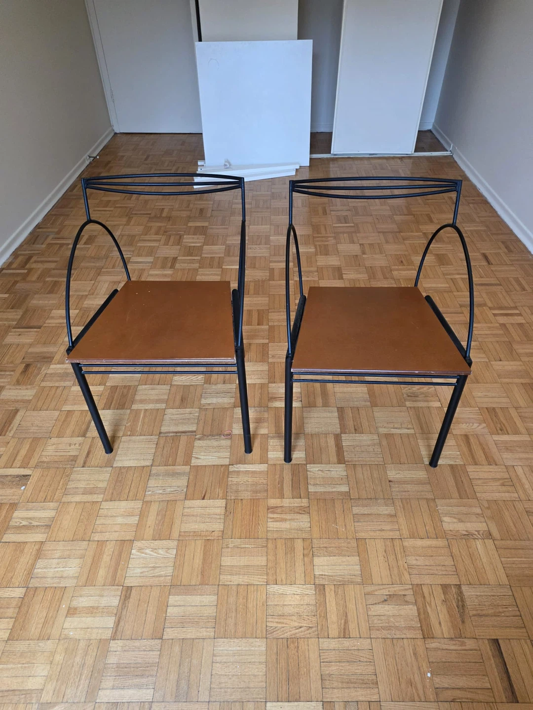 Pair of Modern Metal Chairs with Brown Seats