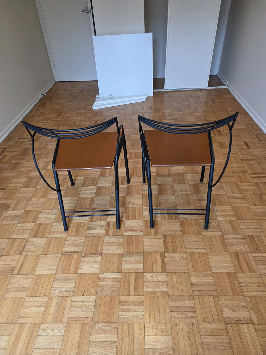 Pair of Modern Metal Chairs with Brown Seats - photo 2