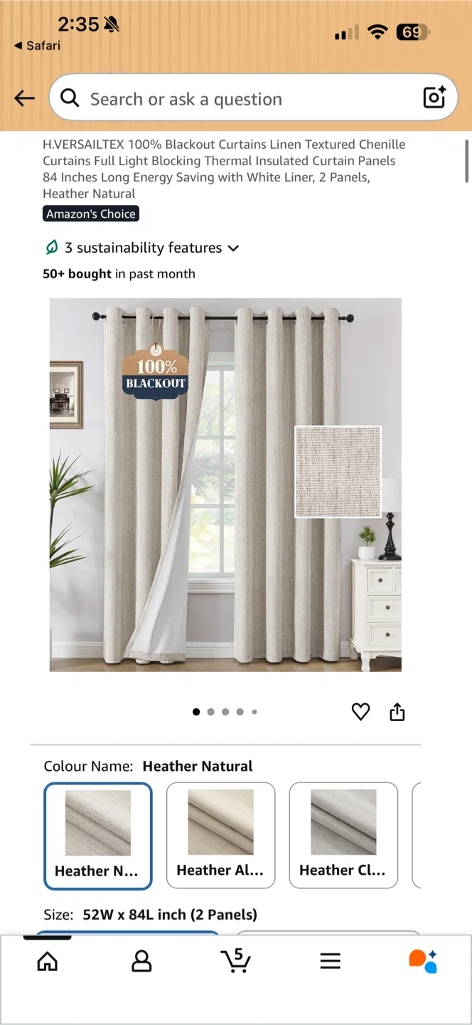 H.VERSAILTEX 100% Blackout Chenille Curtains - Heather Natural