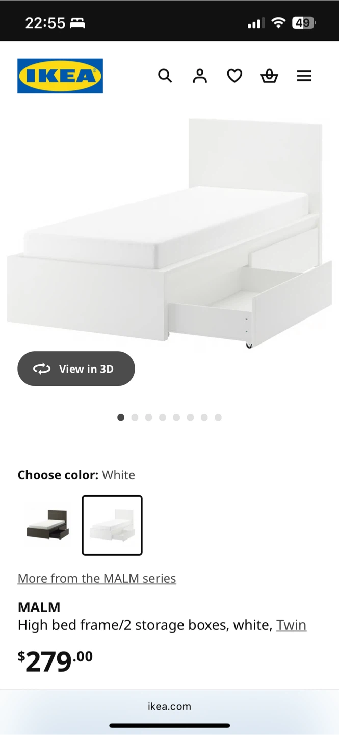 IKEA MALM High Bed Frame with 2 Storage Boxes - Twin, White