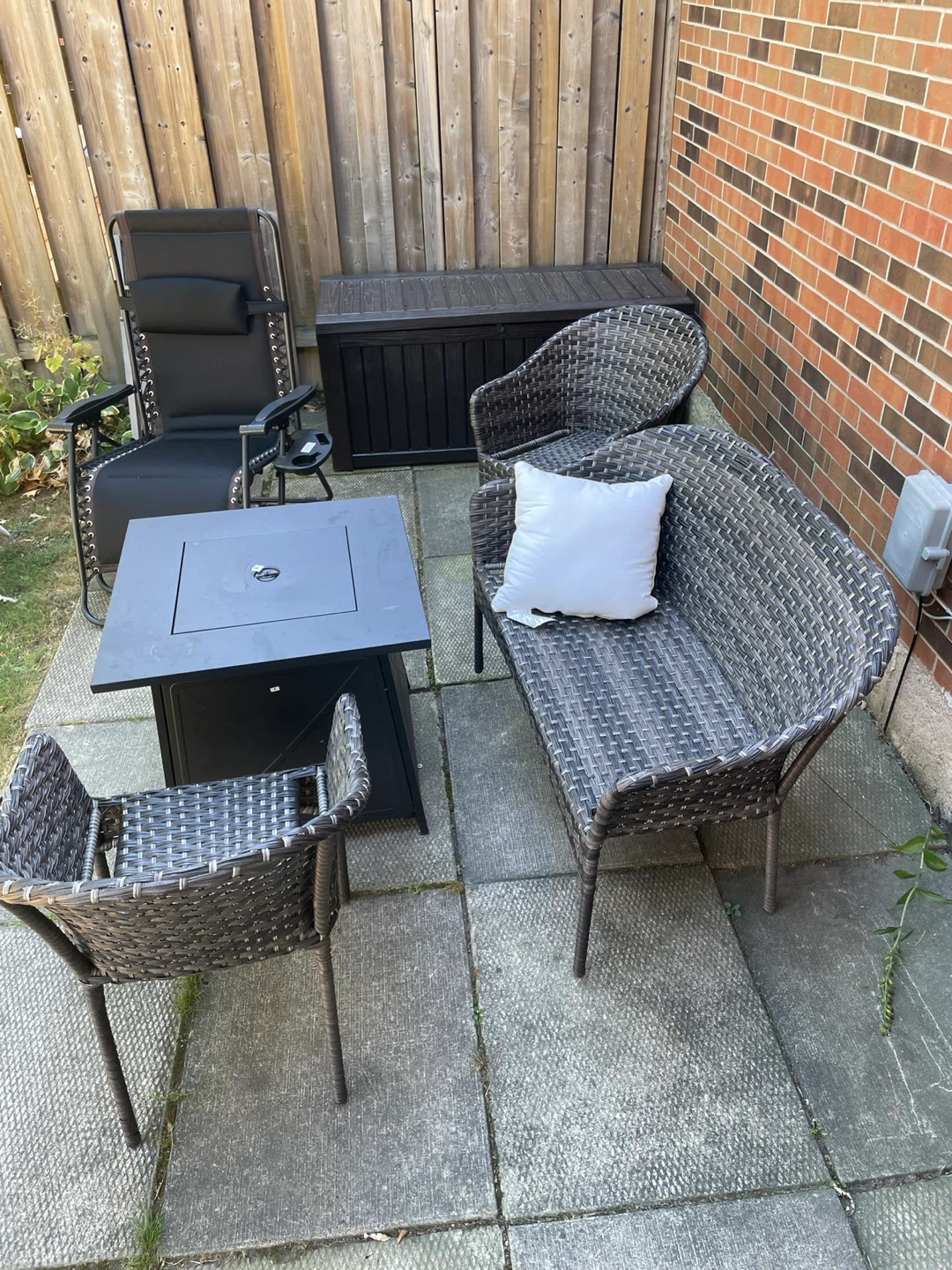 Wicker patio 2 chairs 1 love seat and fire pit