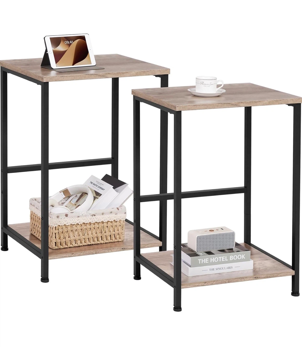 Set of 2 Wood Grain Side Tables with Black Metal Frame - photo 5