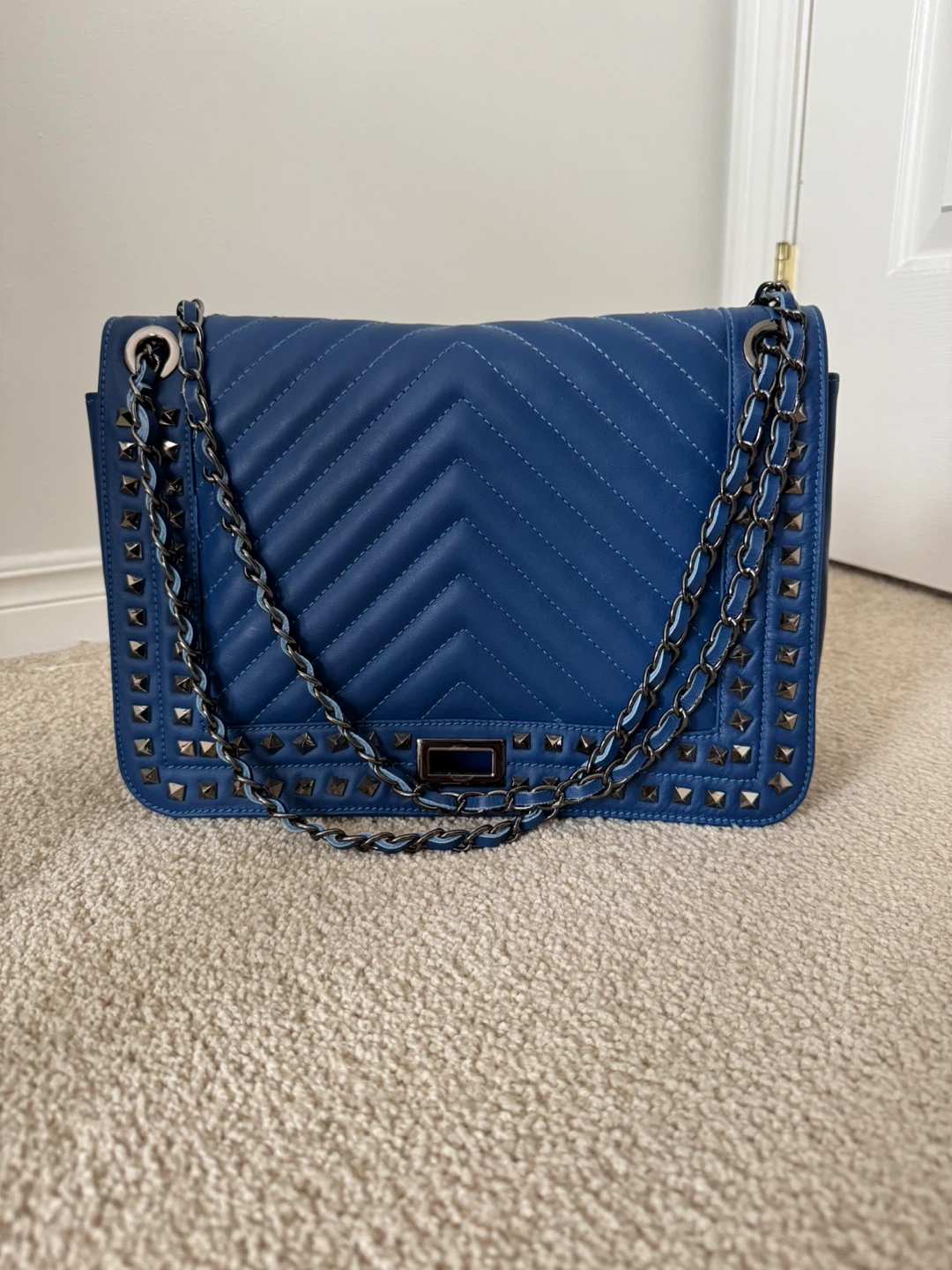 Blue Quilted Studded Chain Shoulder Bag