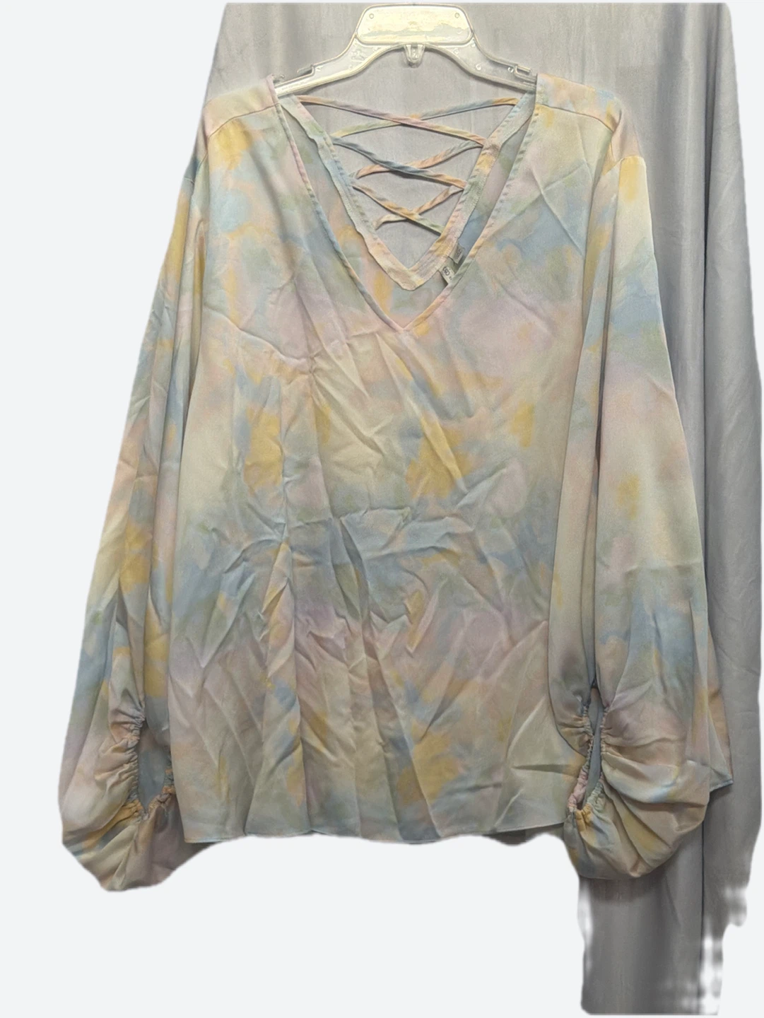 Tie Dye V-Neck Blouse with Criss-Cross Back