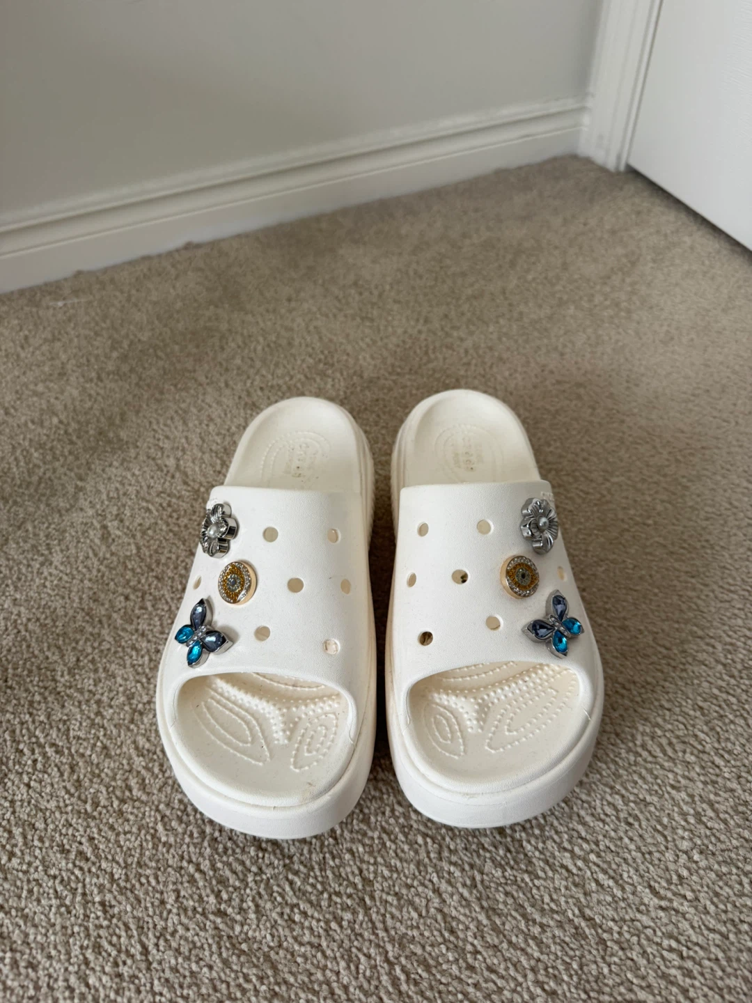 White Crocs Platform Slides with Charms