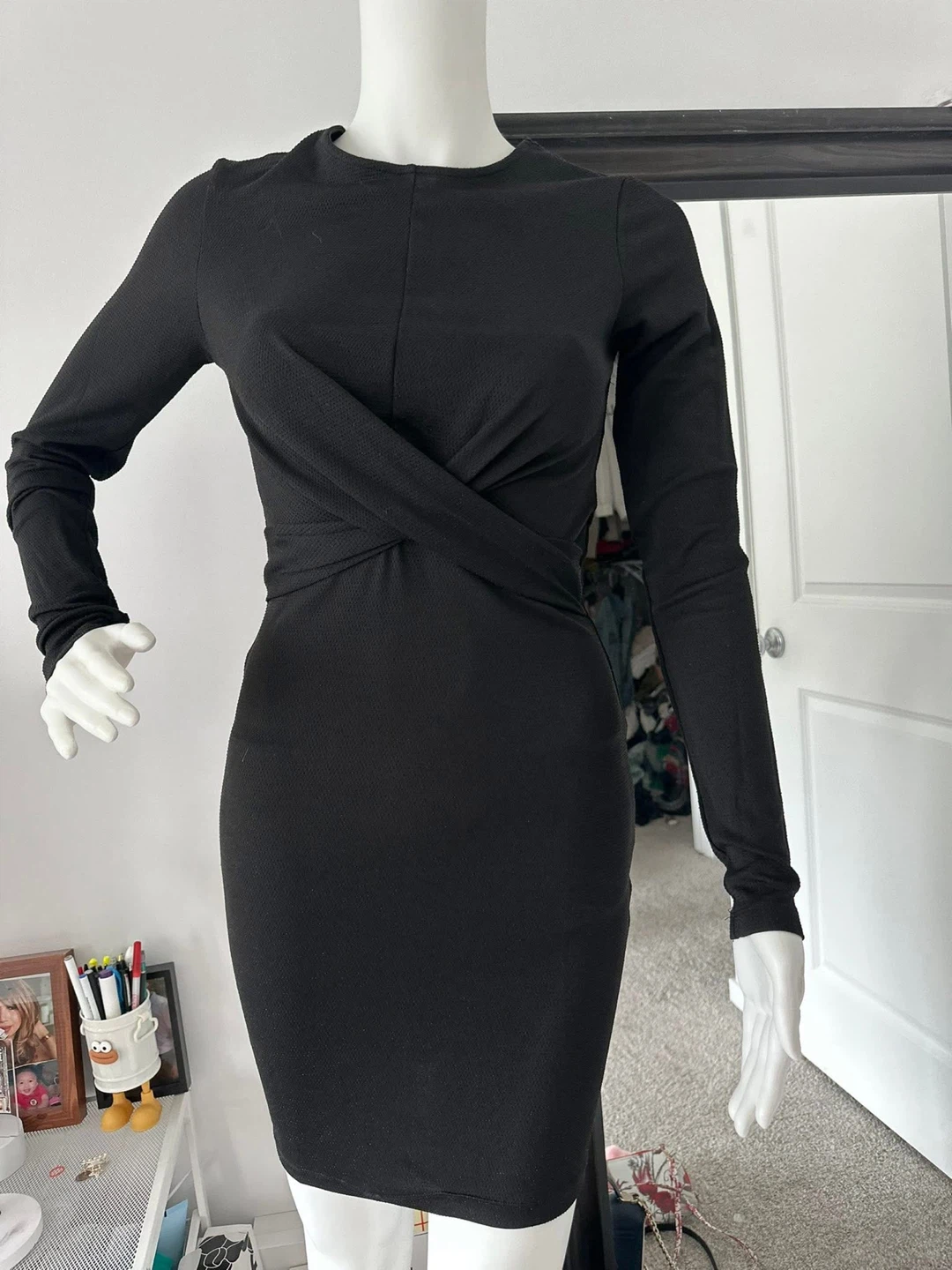 Black Long Sleeve Twist Front Dress