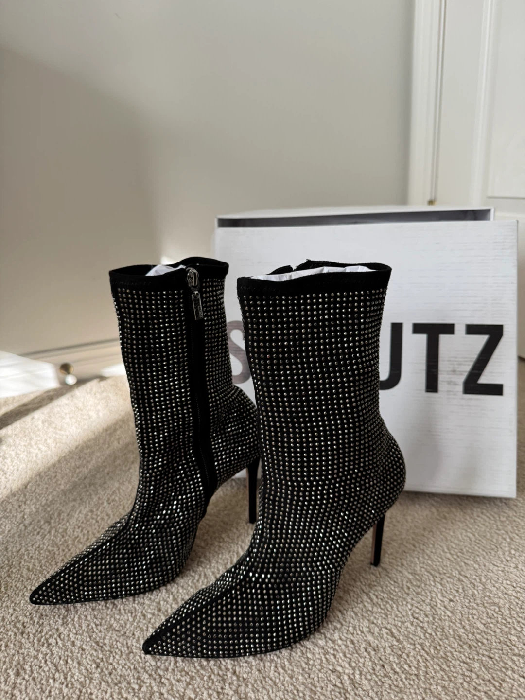 Schutz Black Rhinestone Pointed Toe Heeled Booties