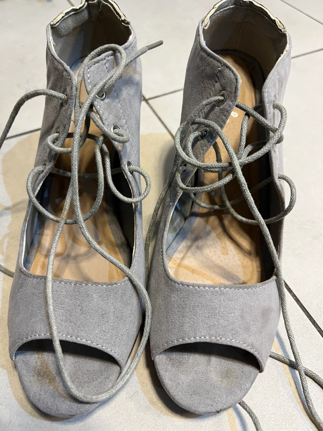 Qupid Grey Lace-Up Heeled Sandals Size 8.5