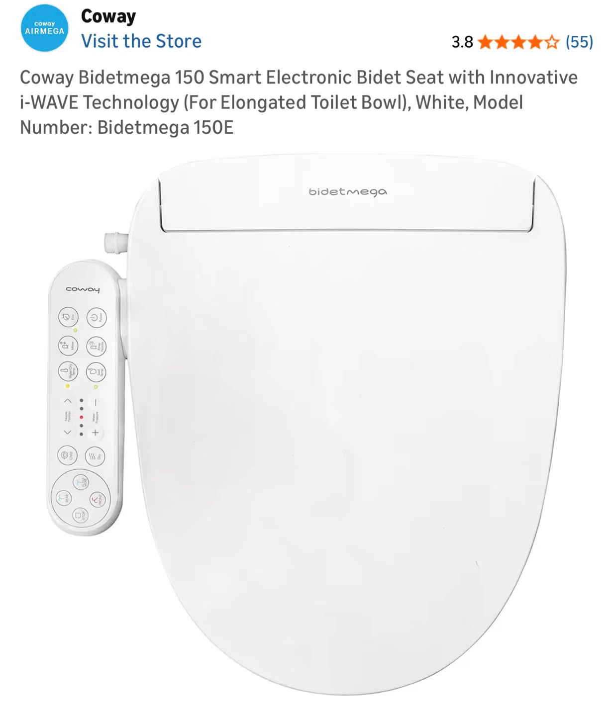 Coway Bidetmega 150 Smart Electronic Bidet Seat (Elongated)