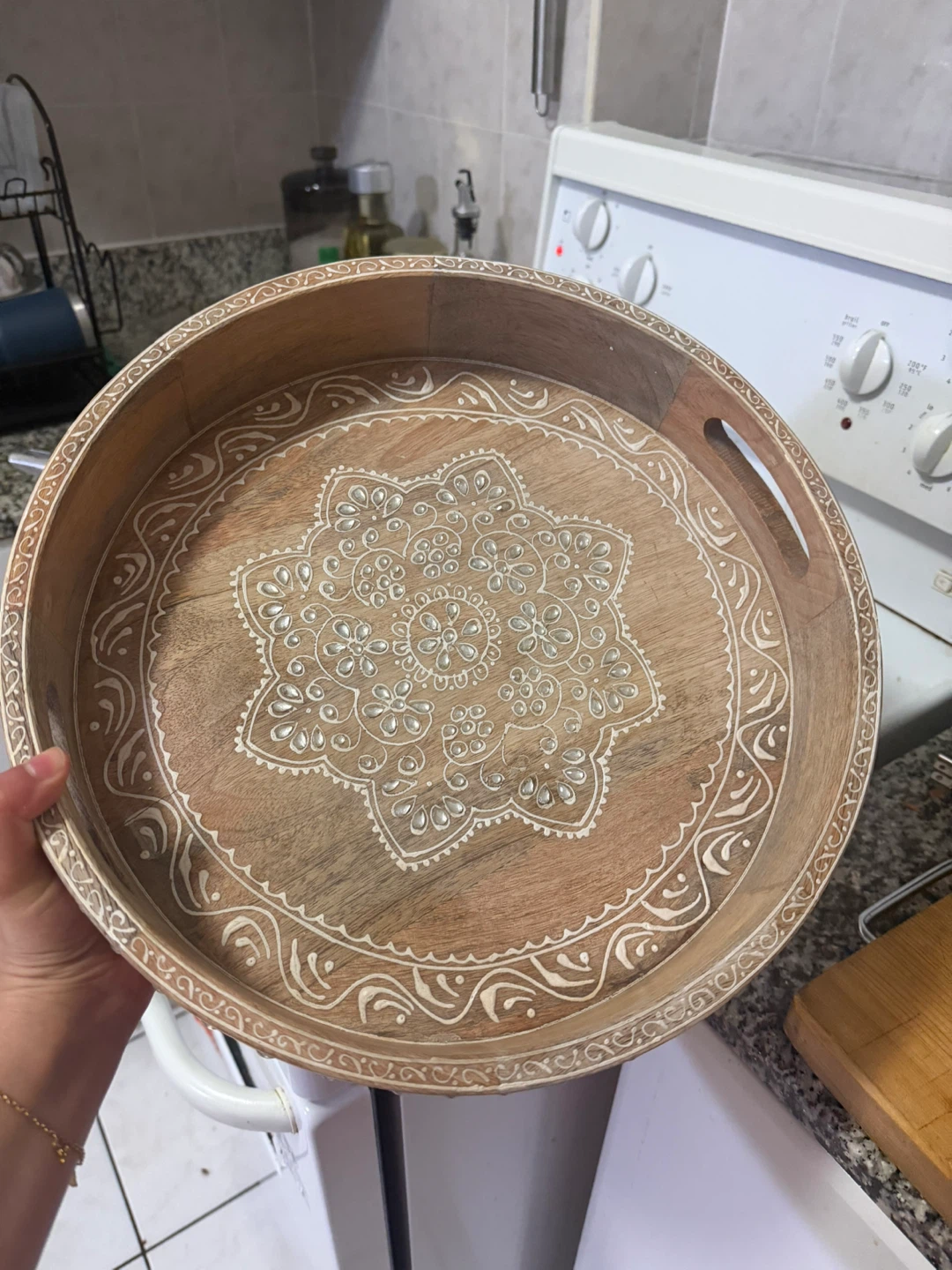 Wooden decorative tray with mandala design