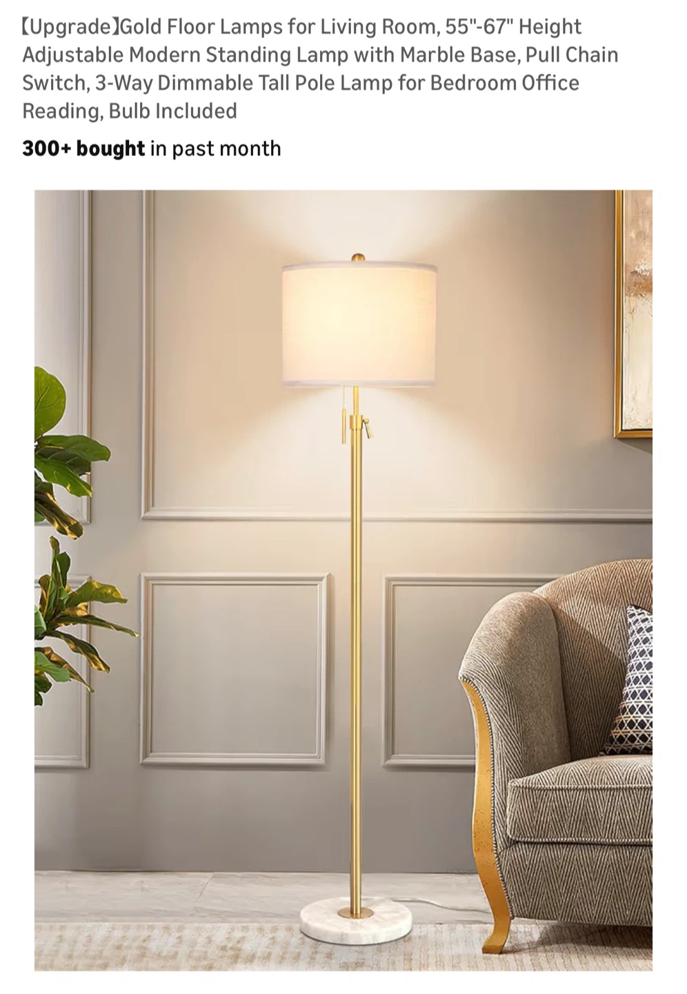 Gold Floor Lamp, 55"-67" Adjustable Height, Dimmable