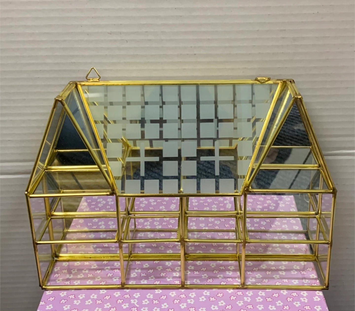 Glass House Display Case Gold Metal Organizer Trinket Shelf Box
