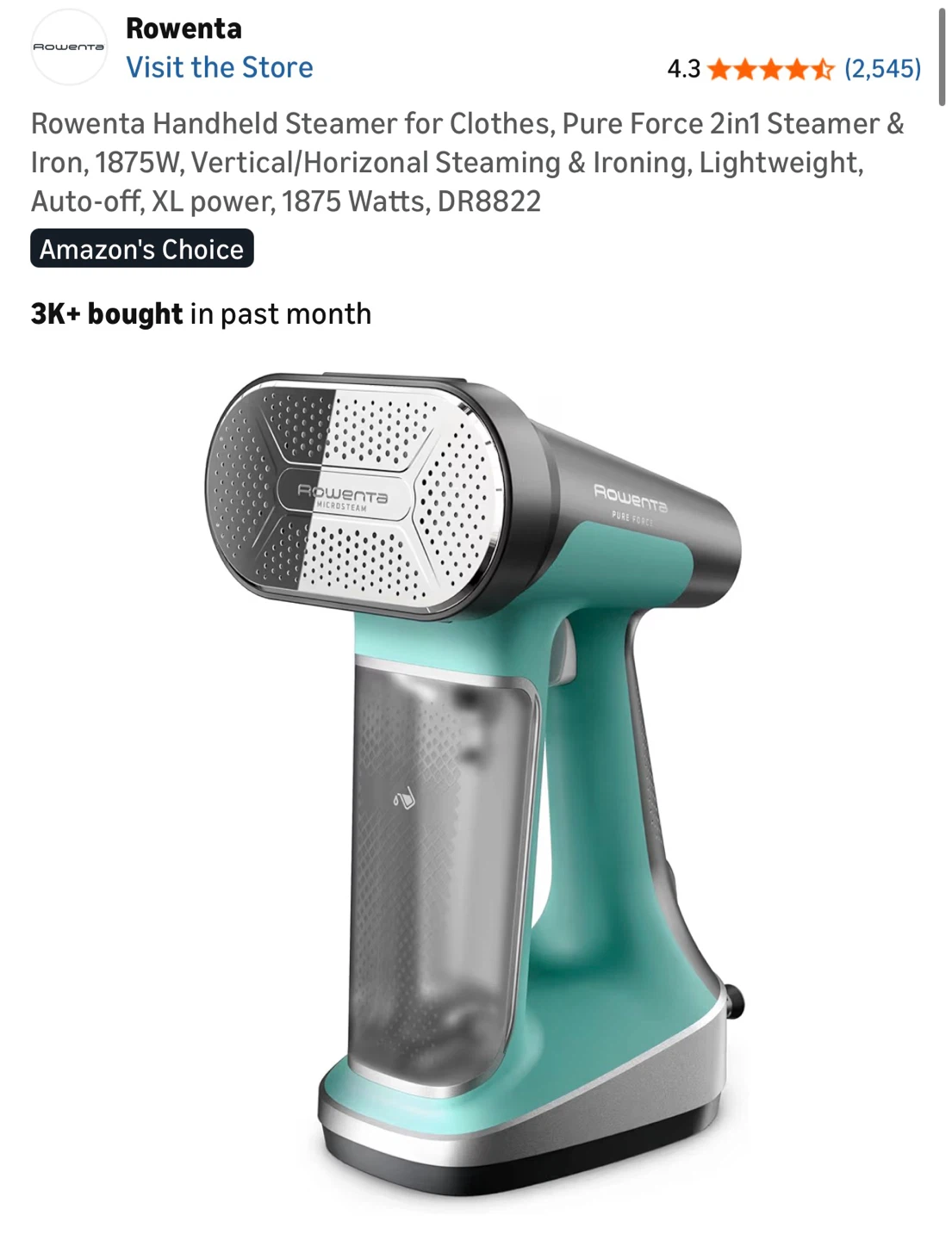 Rowenta Pure Force 2-in-1 Handheld Steamer & Iron, DR8822