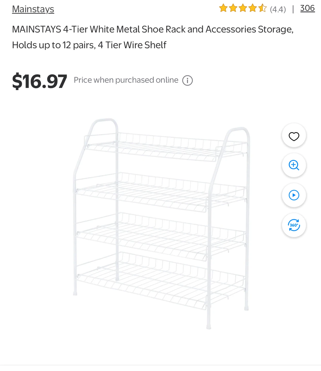 Mainstays 4-Tier White Metal Shoe Rack - photo 2
