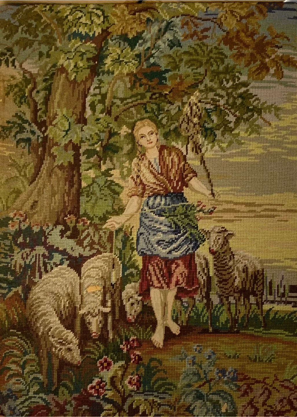 Vintage Needlepoint Tapestry Shepherd Sheep Hanging Art