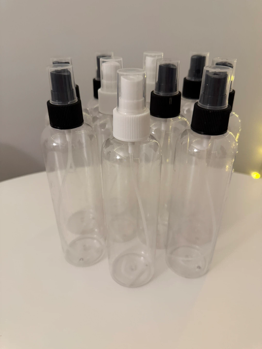 10 Clear Spray Bottles with Black & White Caps