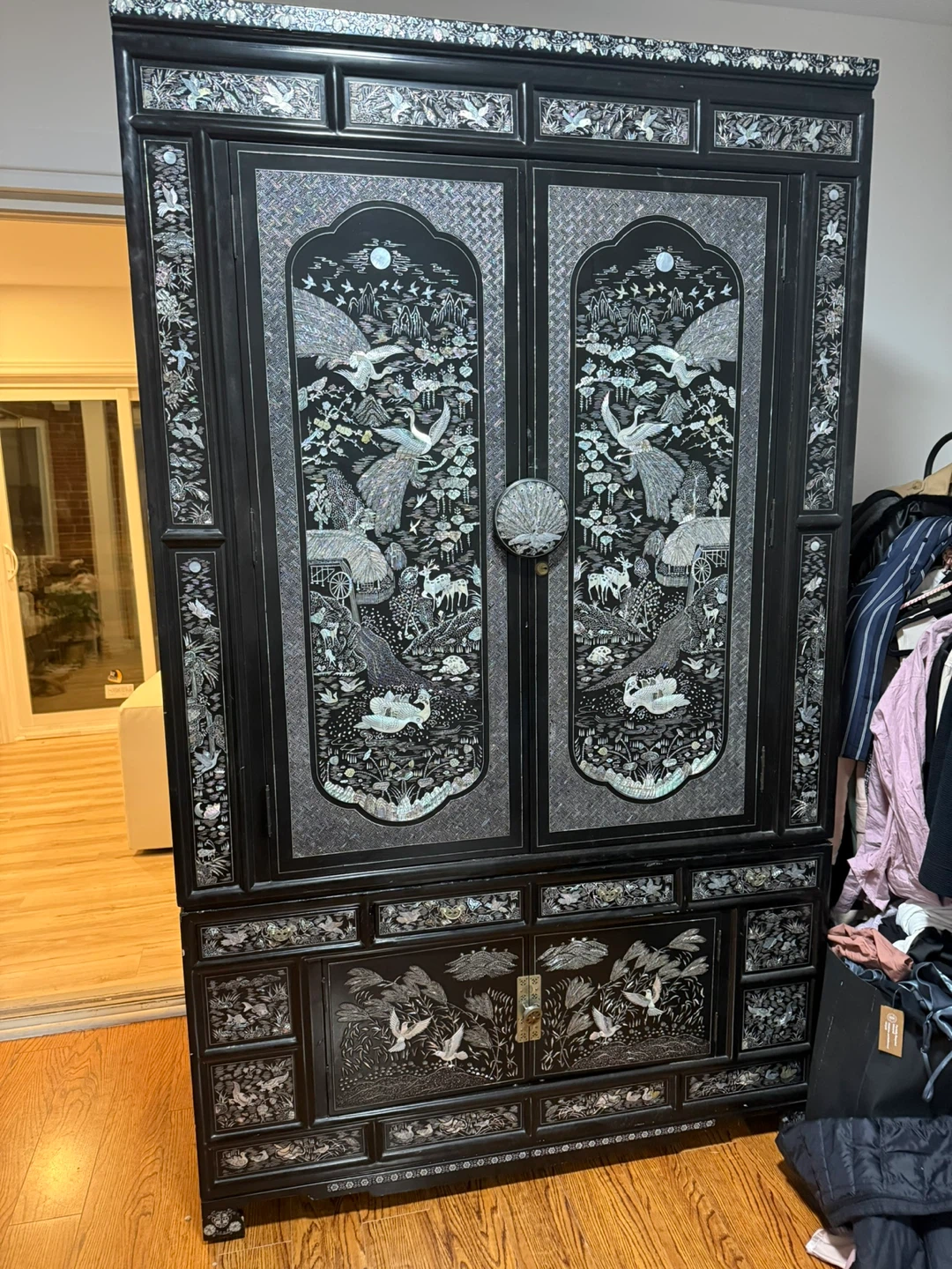 Vintage Black Lacquered Mother-of-Pearl Inlay Wardrobe